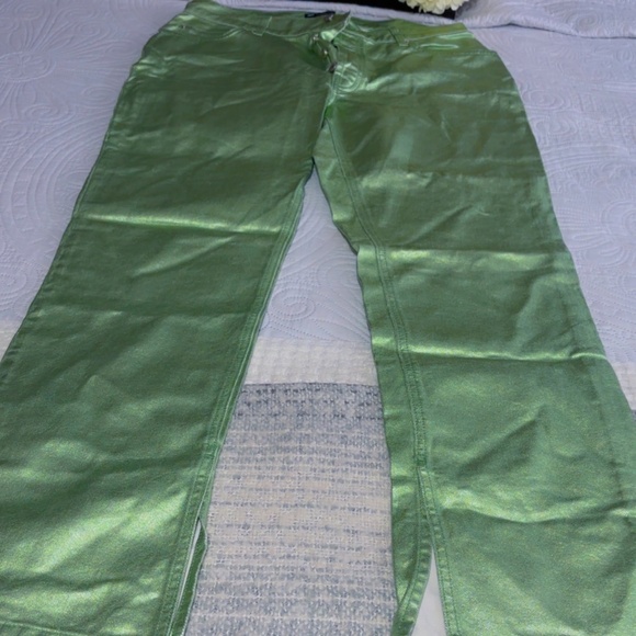 ASOS Design Mid Rise 90’s Straight leg metallic Green Jeans - Picture 7 of 14